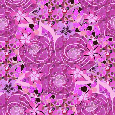 Dekoratif yaz gülleri ve mor, pembe ve yeşil yapraklarla kusursuz desen, suluboya vektör çizimi.