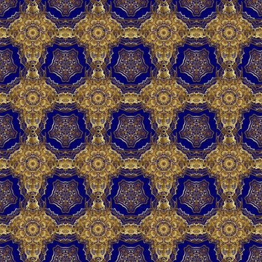 Kusursuz vektör altın süsü. Mavi arka planda altın tekrarlayan elementlerle modern geometrik kusursuz desen.