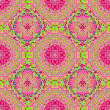 Kumaş, tekstil, iç dekorasyon. Pembe arka planda el yapımı vektör çok renkli elementler. Eski, dikişsiz çiçek deseni.