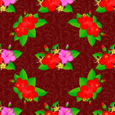 Kırmızı arka planda karışık amber çiçekleri olan geleneksel Hint çiçekleri..