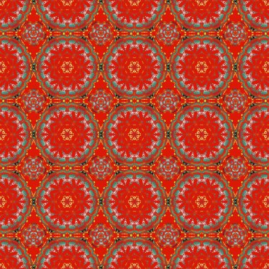 Vektör tarzı süs. Damask 'ta turuncu, pembe ve kırmızı renklerde çiçek deseni var. Soyut çiçekli kraliyet duvar kağıdı.