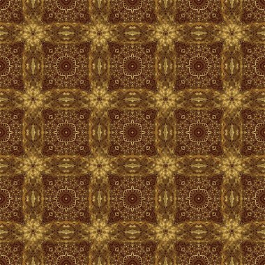 Kahverengi arka planda altın şebeke olan kusursuz bir desen. Altın antika süslemeli kare kompozisyon.