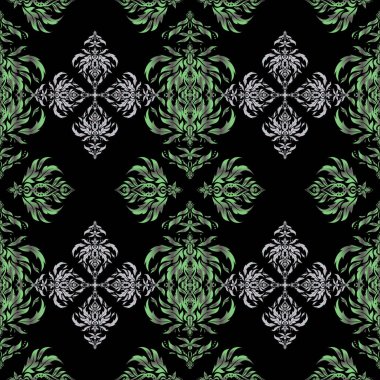 Siyah arka planda gri ve yeşil kar taneleri. Noel aromalı kar taneleri pürüzsüz desenlidir. Kış kar tasarımı duvar kağıdı. Vektör çizimi. Sembol bayramı, Yeni Yıl 2018 Kutlaması.