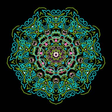 Mor, yeşil ve mavi renklerde zarif bir barok şablonu. Şam Biçimli Vektör Mandala. Klasik lüks eski moda süs, duvar kağıtları, tekstil ve ambalaj için kraliyet Victoria dönemi dokusu..