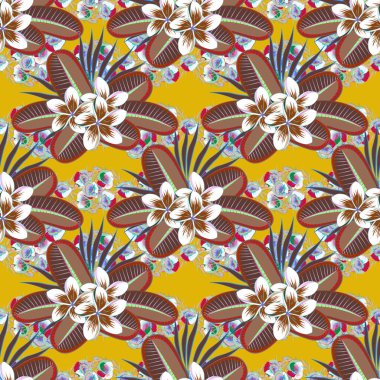 Yaz modası için renkli desenler, iç mekan, duvar kağıdı. Soyut çiçekli kusursuz tropikal tasarım. Kompozisyonda egzotik çiçekler.