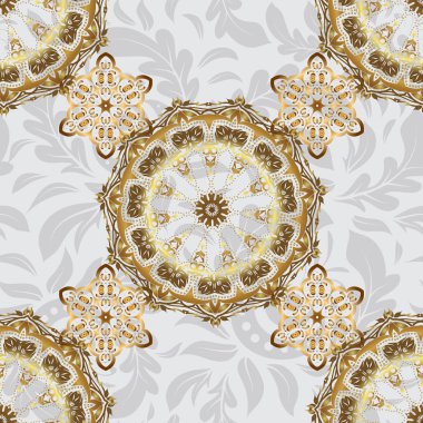Altın antika süslemeli vektör kare kompozisyon. Gri arka planda altın şebeke ile kusursuz desen.