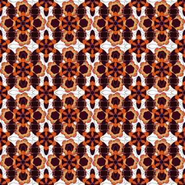 Kırmızı, turuncu ve siyah renkli vektör çiçekleri. Vektör çizimi. Küçük çiçeklerin içinde sevimli bir çiçek deseni var. Ditsy pürüzsüz desen.