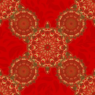 Kırmızı arka planda altın tekrarlayan elementlerle modern geometrik kusursuz desen. Kusursuz vektör altın süsü.