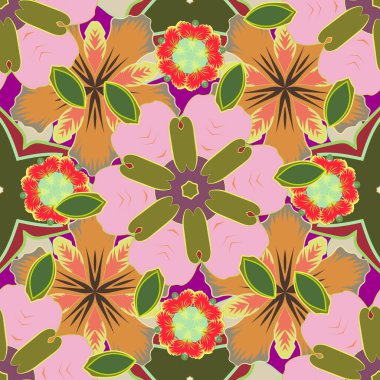 Geleneksel klasik vektör süsü. Oryantal mor, sarı ve pembe pürüzsüz desenli arabesk ve soyut elementlerle.