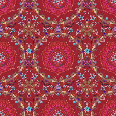 Lüks, çok renkli, yıldızlı, pürüzsüz desen. Vektör çokrenkli yıldız deseni, yıldız süslemeleri, kırmızı arkaplanda çok renkli ızgara.