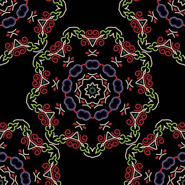 Vektör çizimi. Şam, mor, kırmızı ve yeşil renklerde renksiz çiçek arkaplan deseni.