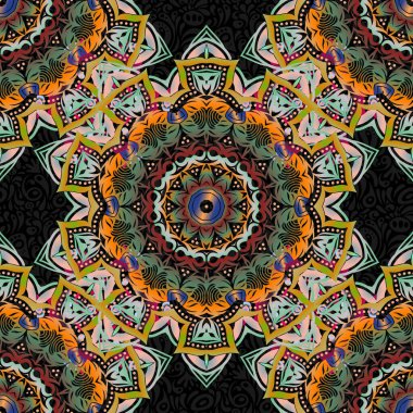 Geometrik tekrarlayan vektör süslemesi pembe, yeşil ve mavi elementlerle. Siyah bir arkaplanda kusursuz soyut modern desen.