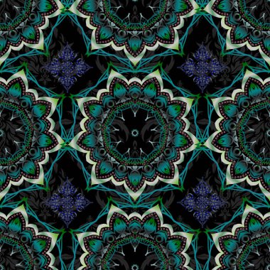 Tasarımınız için siyah arka planda vektör mavi, gri ve yeşil desen. Ambalaj kağıdı, kumaş ya da tekstil için modern geometrik kusursuz desen. Klasik süs.
