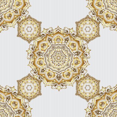 Lüks altın, yıldızlı kusursuz desen. Vektör altın yıldız deseni, yıldız süslemeleri, gri arka planda altın şebeke..