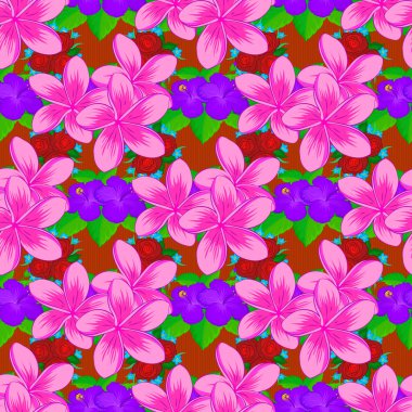 Çiçeksiz desen. Vektör çizimi. Soyut şirin plumeria çiçeklerinin olduğu bahar kağıdı menekşe, pembe ve morumsu renklerde..