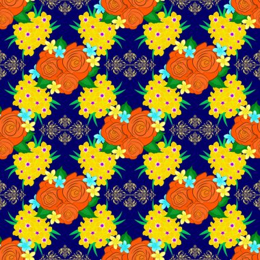 Dekoratif gül çiçekleri ve sarı, mavi ve turuncu renkli yeşil yapraklı kusursuz arkaplan deseni. Vektör illüstrasyonu.