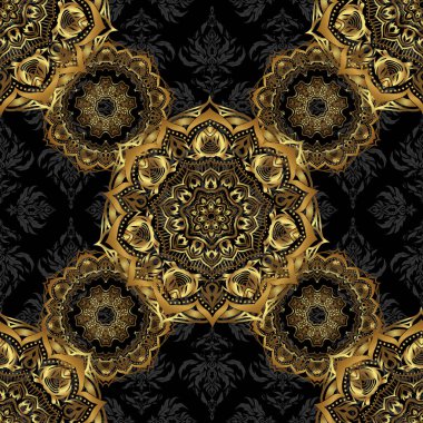 Siyah zemin üzerinde altın elementler olan soyut, kusursuz bir model. Klasik çiçek vektör süsü.
