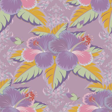 Menekşe rengi boya efekti, sarı ve mor amber çiçekleri, kusursuz desen vektör arkaplanı.