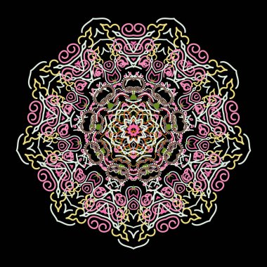 Halılar, tekstil, duvar kağıtları ve herhangi bir yüzey için şablonlar. Siyah arkaplanda pembe, sarı ve yeşil süslemelerin Vektörü Mandala. Doğulu, çiçekli bir süs.