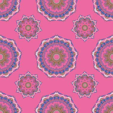 Renkli buklelerin kusursuz deseni. Pembe bir arka planda doğu tarzı arabesk. Vektör parlak dantel, stilize çiçekler, şal desenli. Zarif, çok renkli arkaplan dokuma işi.