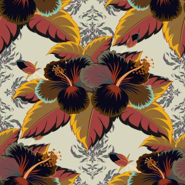 Yatak çarşafları, ceket, paket tasarımı, kumaş ve moda kavramları için tekstil baskısı. Kahverengi, sarı ve gri amber desenli. Suluboya çiçekleri. Egzotik vektör çiçek tasarımı.