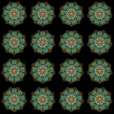 Raster illüstrasyonu. Damask arkaplan deseni yeşil ve sarı renklerde.