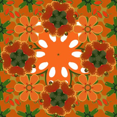 Turuncu, kahverengi ve yeşil renkli şirin çiçeklerle kusursuz desen. Bahar mahsulü çiçekli arka plan. Güzel vektör dokusu.