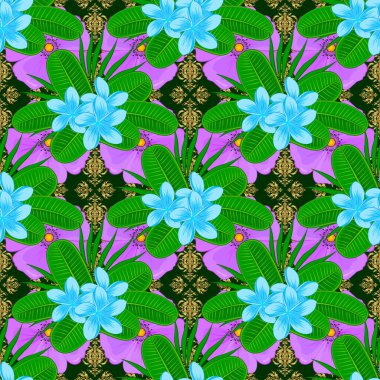 Vektör plumeria çiçeği, yeşil, mavi ve mor renklerde kusursuz desen.