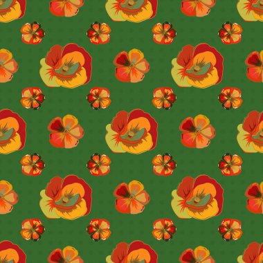 Çiçek arkaplan. Yeşil, sarı ve kırmızı renklerde, şirin gelincik çiçekleriyle kusursuz vektör deseni.