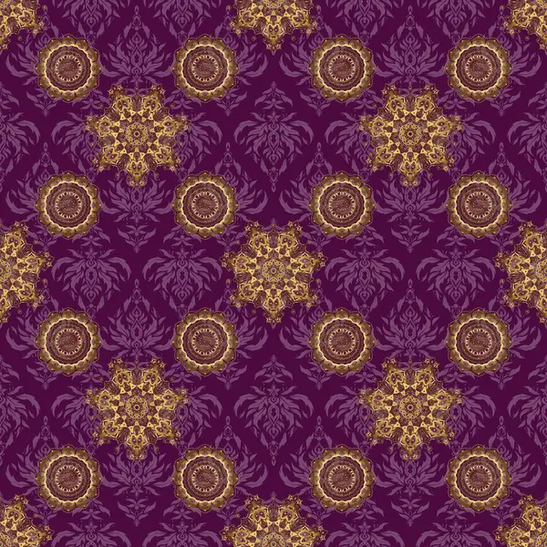 Goldenes Blumenmotiv Auf Violettem Hintergrund Raster Glitter Strukturierte Nahtlose Muster — Stockvektor