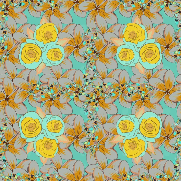 Seamless Pattern Yellow Blue Gray Rose Flowers Vector Floral Illustration — Stock Vector