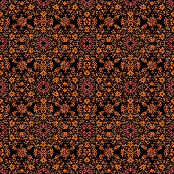 黒の背景にマゼンタ ブラウン オレンジの要素を持つ抽象的な古典的なシームレスなパターン ヴィンテージベクトル装飾 — ストックベクタ
