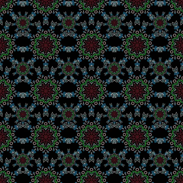 Nahtloser Hintergrund Mehrfarbiges Ornament Auf Schwarzem Hintergrund Florales Nahtloses Muster — Stockvektor