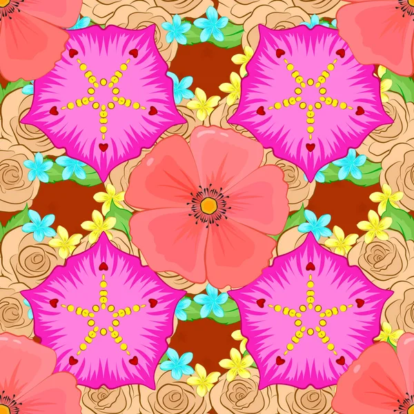 マゼンタ ピンク ベージュ色のシームレスな手描きベクトルコスモスの花パターン — ストックベクタ