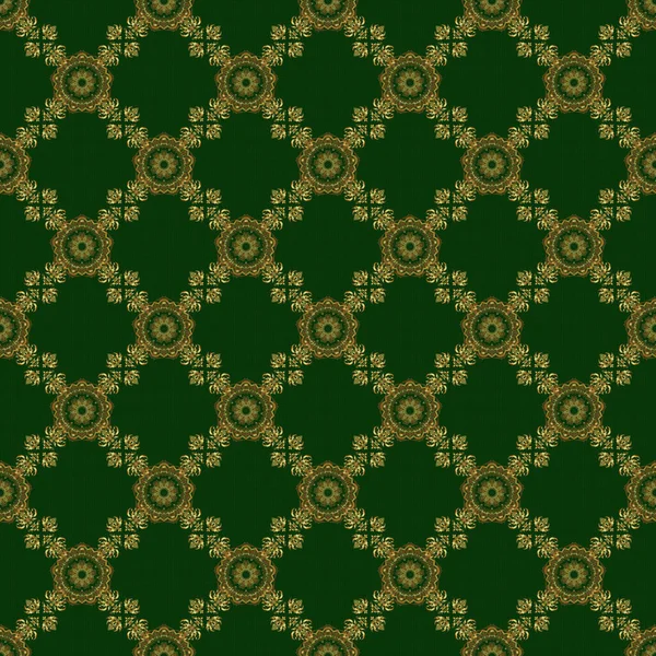 Patrón Dorado Sobre Fondo Verde Esbozo Vintage Elegante Patrón Retro — Vector de stock