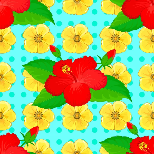 Vintage Seamless Tropical Hibiscus Flowers Vector Pattern Blue Background Two - Stok Vektor