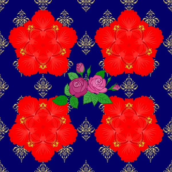 Vektorillustration Nahtloses Blumenmuster Mit Stilisierten Blumen Roten Und Blauen Farben — Stockvektor
