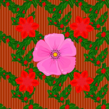 Dekoratif kozmos çiçekleri tekrar eden desenler. Vektör çizimi. Yeşil, kırmızı ve turuncu renkli çiçek motifleri olan soyut zarafet deseni.