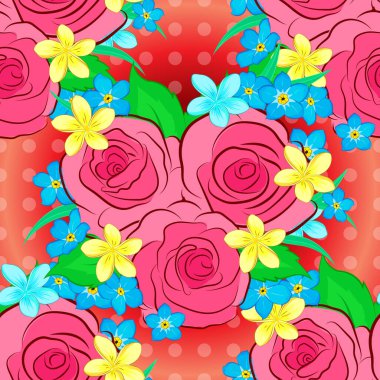 Dekorasyon ya da tasarım için güzel desen. Gül çiçekleri ve yapraklarla klasik tarzda zarif bir desen. Gül ve yeşil yapraklı kusursuz desen. Kırmızı, pembe ve mavi renkli moda baskı.