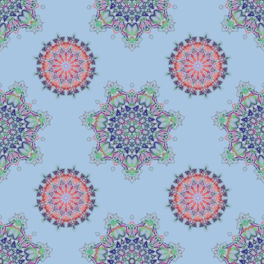 Renkli yinelenen elementlerle oryantasyon arkaplanı. Damask vektörü klasik çok renkli desen. Mavi arkaplanda çoklu renklerde kusursuz soyut ögeler.