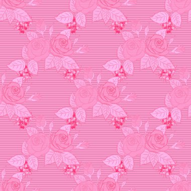 Raster illüstrasyonu. Geleneksel Hint çiçeksiz desenli karışık gül çiçekleri ve pembe yapraklı yeşil yapraklar..