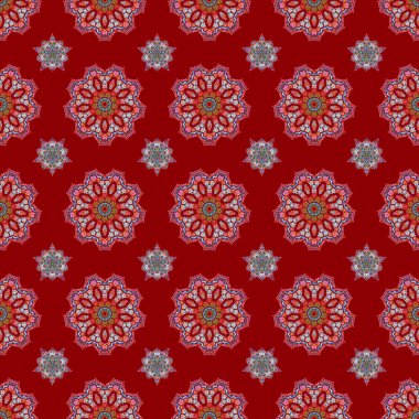 Kırmızı arkaplanda soyut çok renkli elementler. Raster parlak metal yüzey pürüzsüz desen.