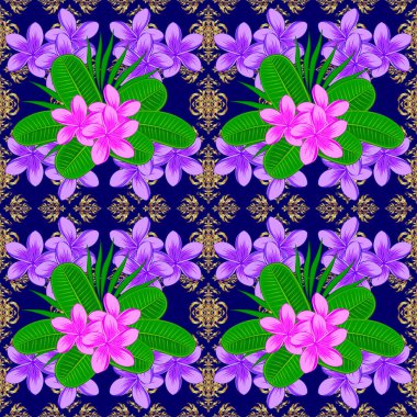 Yeşil, nötr ve mavi renklerde karışık tesisat çiçekleriyle geleneksel Hint çiçeksiz deseni..