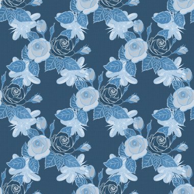 Vektör çizimi. Şekillendirilmiş gül çiçekleri ve gri ve mavi renkli yeşil yapraklarla kusursuz çiçek deseni..
