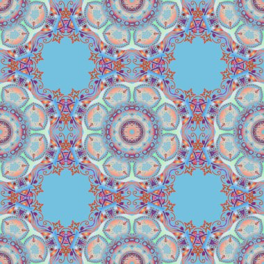 Vektör çizimi. Tasarım, tekstil veya kumaş için mor, pembe ve turuncu renklerde vektörsüz desen.