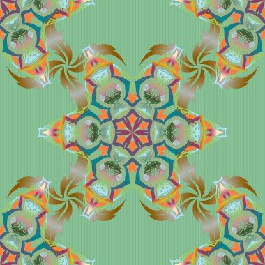 Doğulu süslemesiz desen. İslami vektör katırlı tasarım. Çiçek motifli Motley fayanslar. Turuncu ve pembe renkli tekstil baskısı.