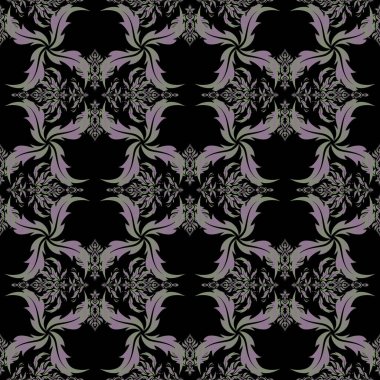 Siyah bir arkaplanda barok tarzında soyut süslemeler. Tarafsız renklerde geleneksel klasik bir model. Raster illüstrasyonu.