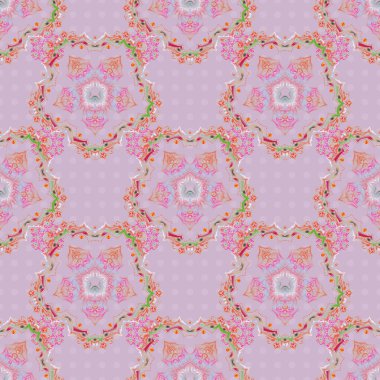 Halılar, tekstil, duvar kağıtları ve herhangi bir yüzey için şablonlar. Yeşil ve pembe süslemelerden oluşan pürüzsüz bir desen. Doğulu, süslü.