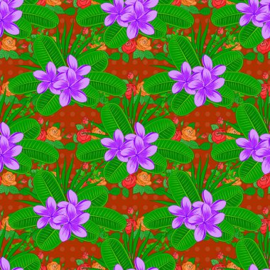 Plumeria çiçekli ipek eşarp turuncu ve yeşil renklerde. 1950-1960 motifleri. Sonbahar renkleri. Retro tekstil tasarım koleksiyonu. El çizimi çiçek elementleriyle soyut, dikişsiz raster deseni..