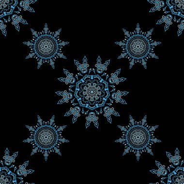 Ikat damaskesiz desen arkaplan fayansı üzerinde mavi renklerde.